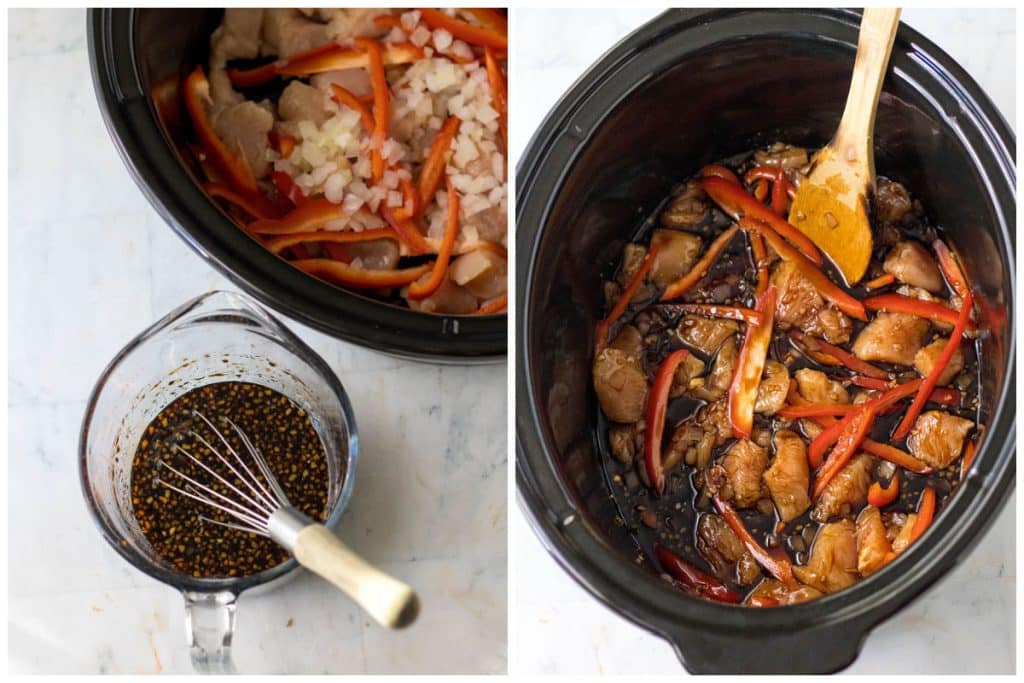 collage of 2 photos showing the process of making honey garlic chicken in a crockpot.