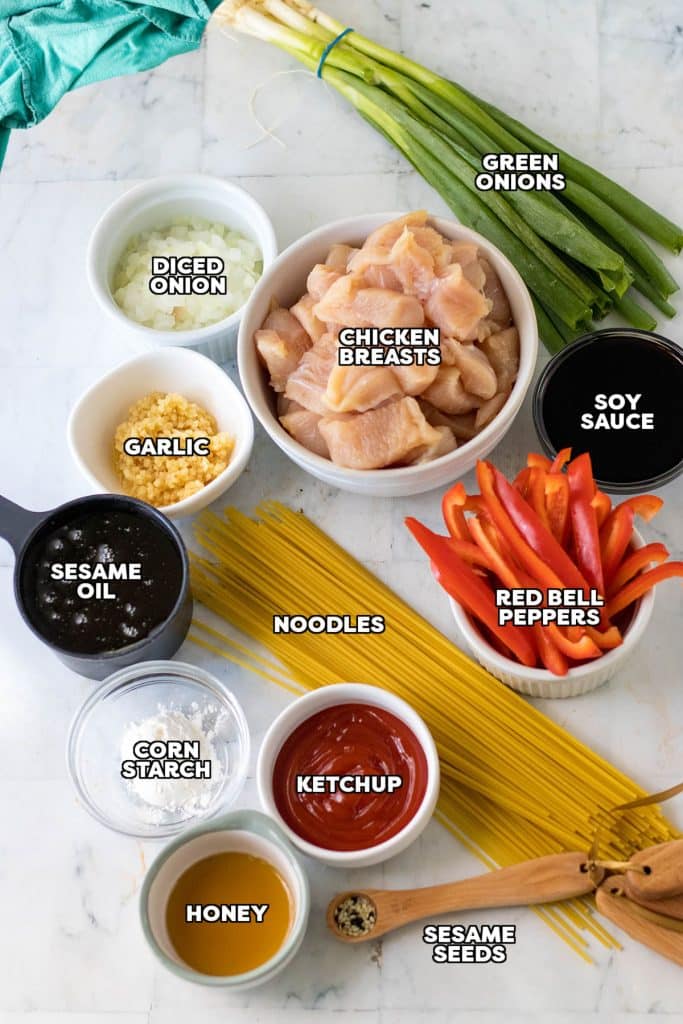 overhead shot of labeled ingredients laid out to make honey garlic chicken.