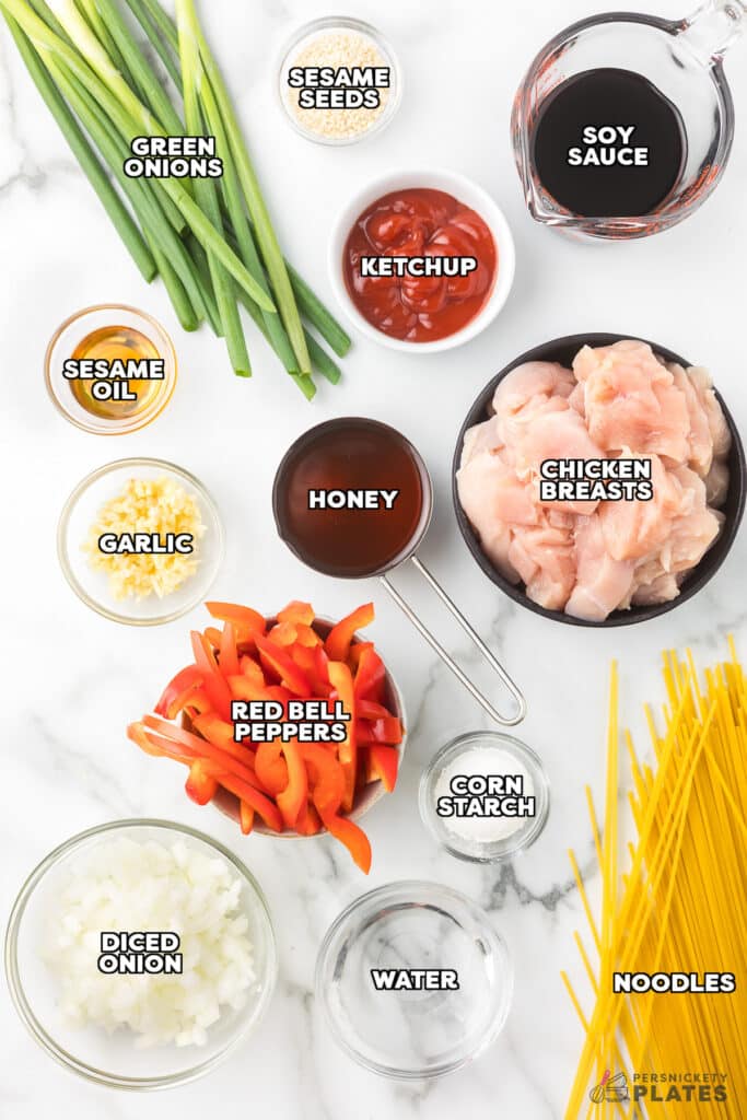overhead shot of labeled ingredients laid out to make honey garlic chicken.