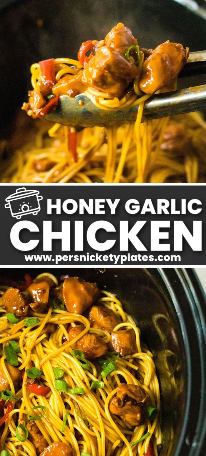 Slow Cooker Honey Garlic Chicken combines tender chicken, red bell peppers, and onions in a super flavorful honey garlic sauce made easily right in the crockpot. Before serving, toss your favorite noodles in the sauce for a full dinner that everyone will love. | www.persnicketyplates.com