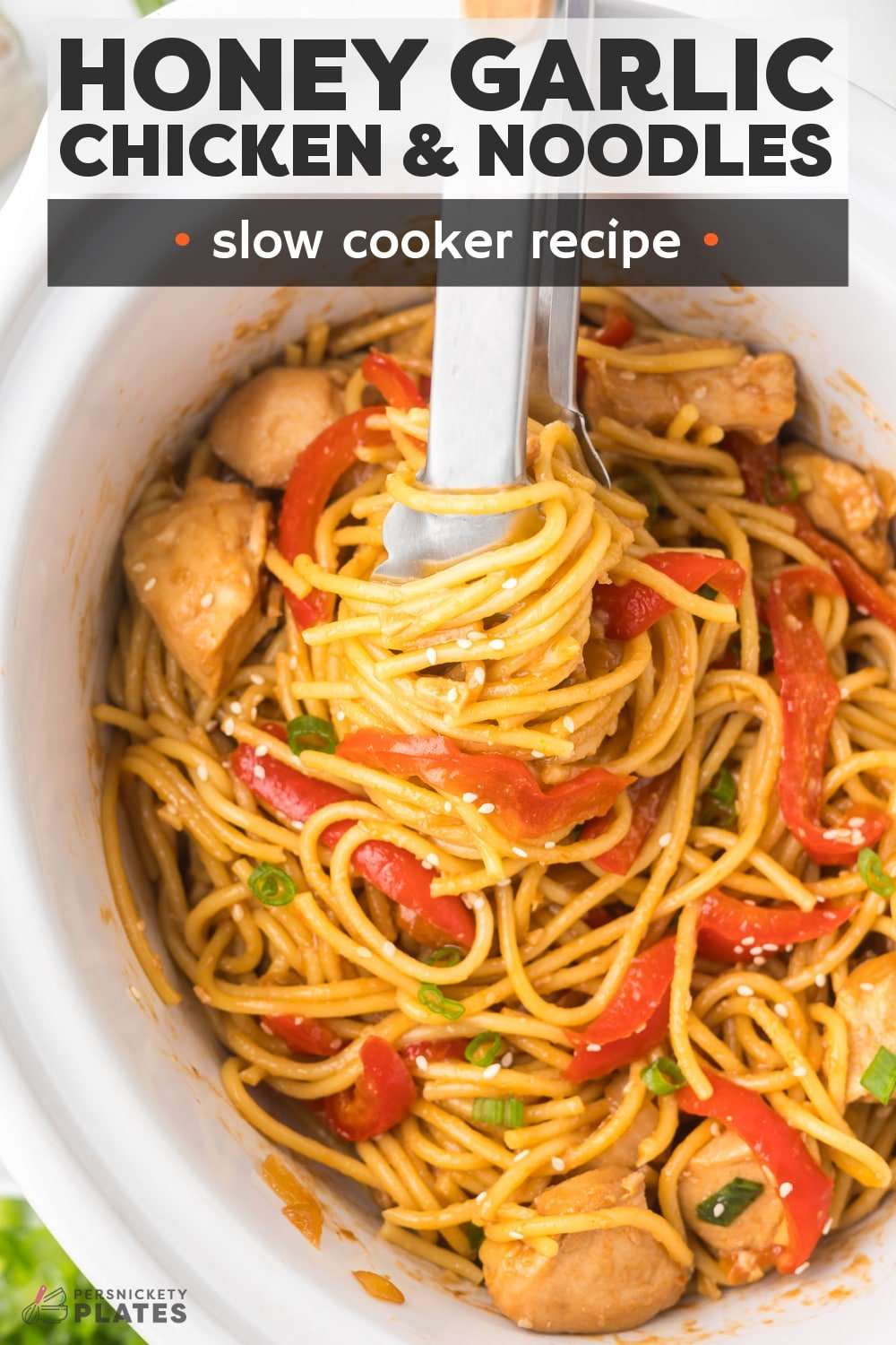 Slow Cooker Honey Garlic Chicken combines tender chicken, red bell peppers, and onions in a super flavorful honey garlic sauce made easily right in the crockpot. Before serving, toss your favorite noodles in the sauce for a full dinner that everyone will love. | www.persnicketyplates.com