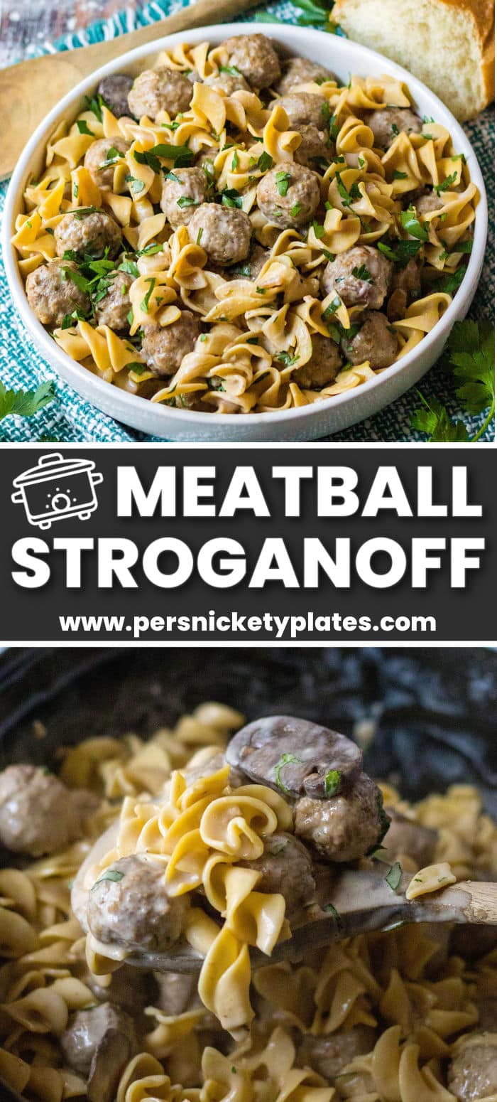 This easy slow cooker meatball stroganoff combines tender meatballs, cream of mushroom soup, sour cream, and a few other simple ingredients in a rich, creamy sauce served over egg noodles for all the classic flavors we love. Comfort food made easy in the crockpot! | www.persnicketyplates.com