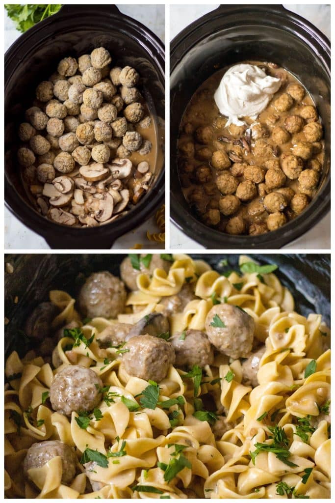 collage of 3 photos showing meatball stroganoff in a crockpot.