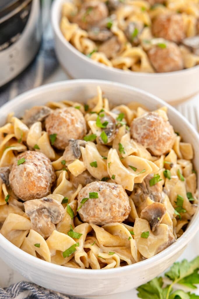 two bowls of meatball stroganoff.