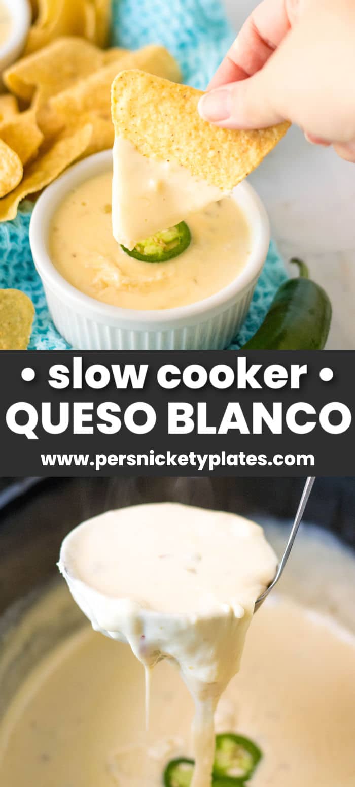 Slow Cooker Queso Blanco (aka white queso dip) is made with just four ingredients and no Velveeta! Restaurant quality made in just minutes in the crockpot. | www.persnicketyplates.com