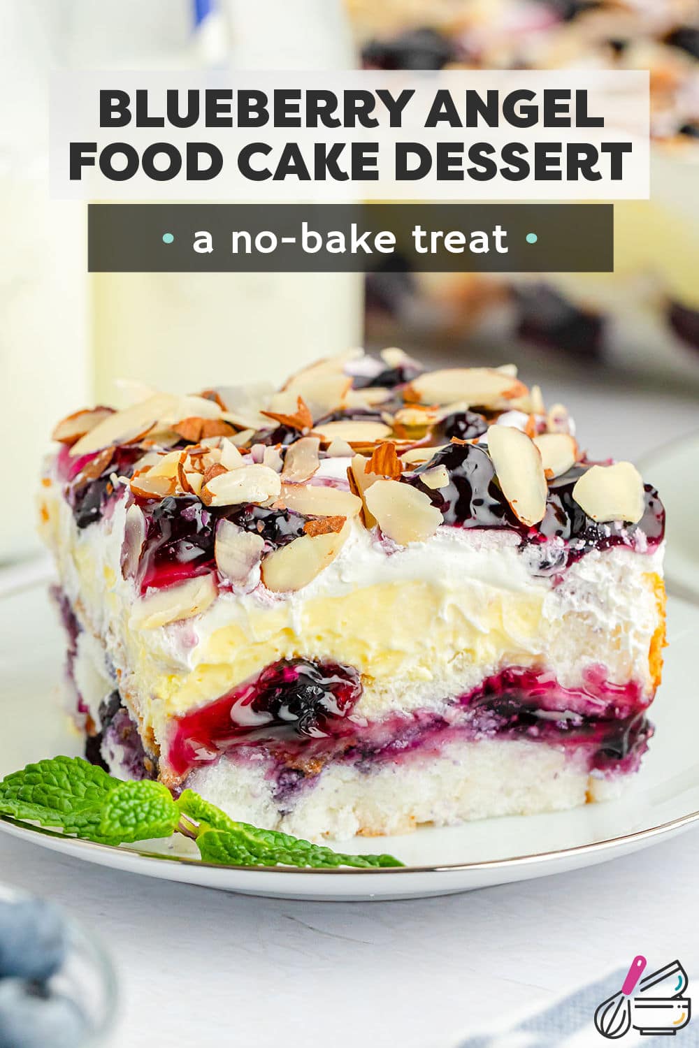 Light, sweet and delicious blueberry heaven on earth cake is a no-bake dessert made with angel food cake, blueberry pie filling, and vanilla pudding. It’s quick to make and so soft and creamy. Quite literally heaven on earth! | www.persnicketyplates.com