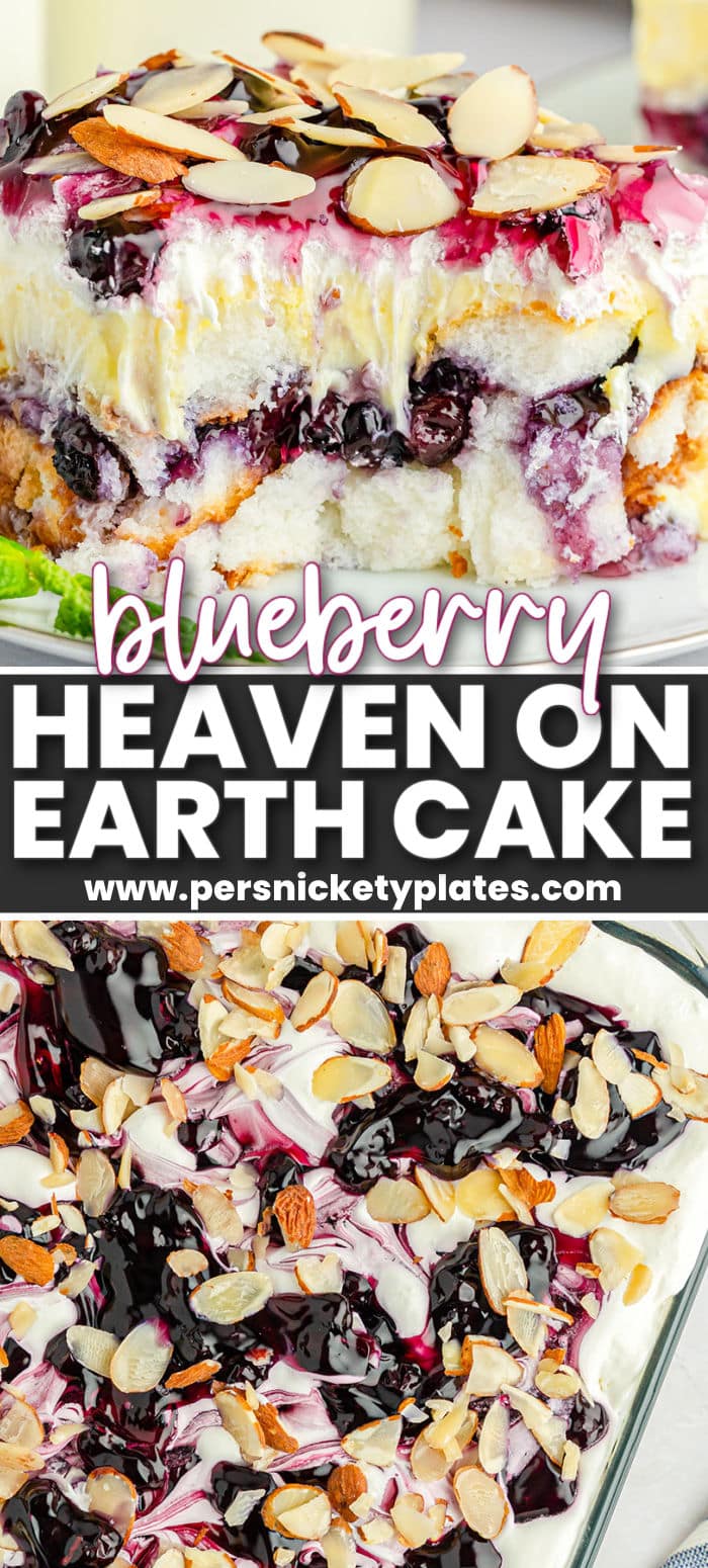 Light, sweet and delicious blueberry heaven on earth cake is a no-bake dessert made with angel food cake, blueberry pie filling, and vanilla pudding. It’s quick to make and so soft and creamy. Quite literally heaven on earth! | www.persnicketyplates.com