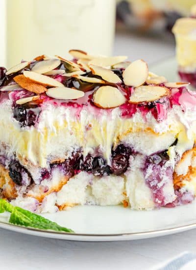 slice of blueberry heaven on earth dessert with a bite missing.
