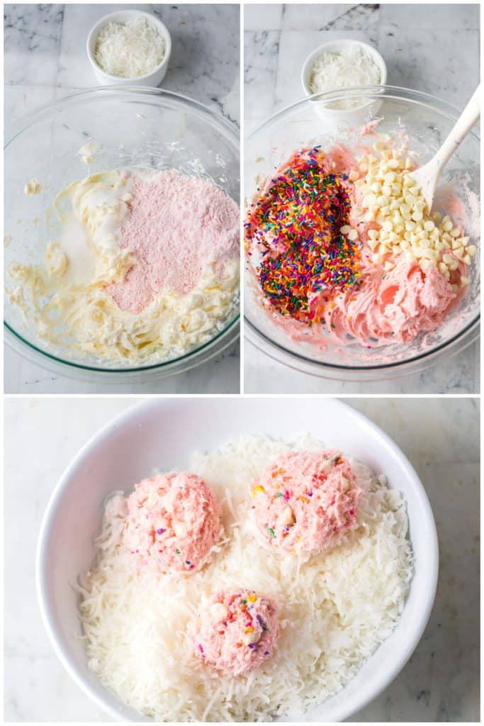 collage of 3 photos showing the process of making a bunny dessert cheese ball.