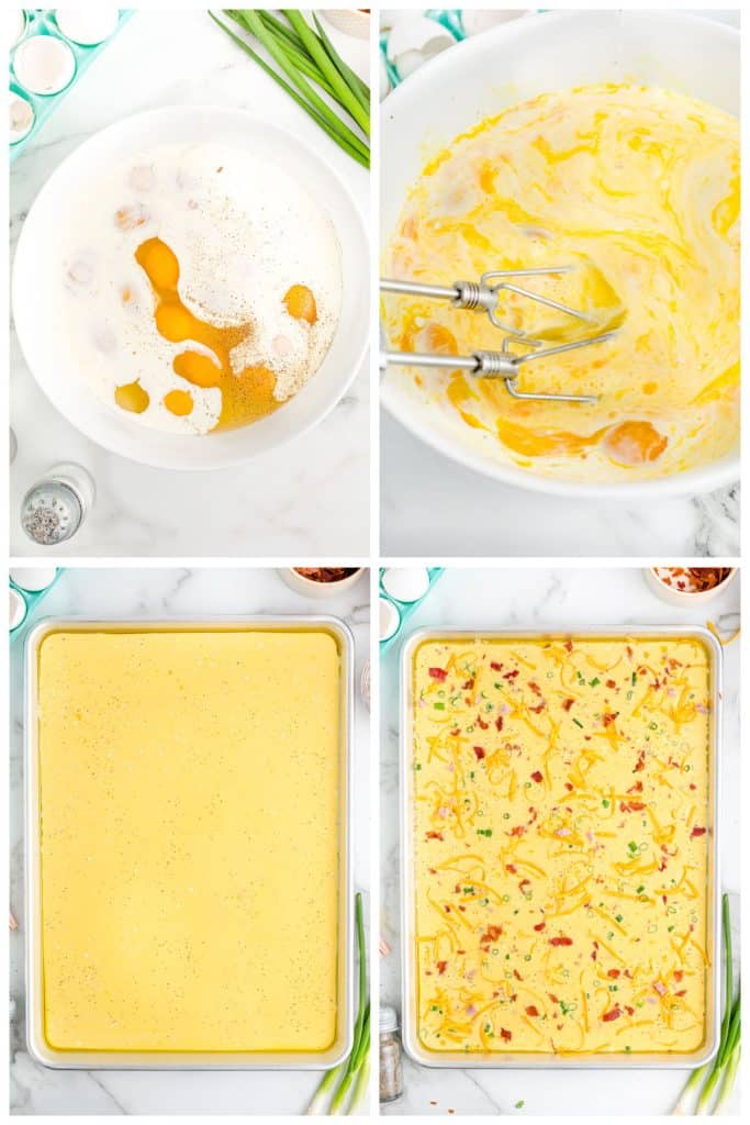 collage of 4 photos showing the process of making eggs in a sheet pan.