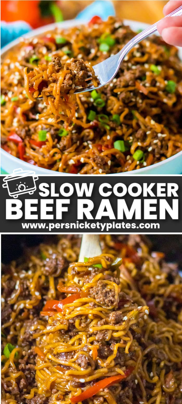 We're beefing up your ramen noodle packages by adding juicy ground beef, carrots, red peppers, and green onions to a crockpot to simmer in a flavorful, sweet and savory sauce. Slow cooker beef ramen is a Japanese-inspired dish that will satisfy even the hungriest teens! | www.persnicketyplates.com