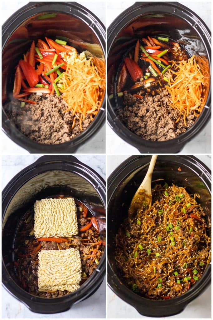 collage of 4 photos showing the process of making beef ramen noodles in a slow cooker.