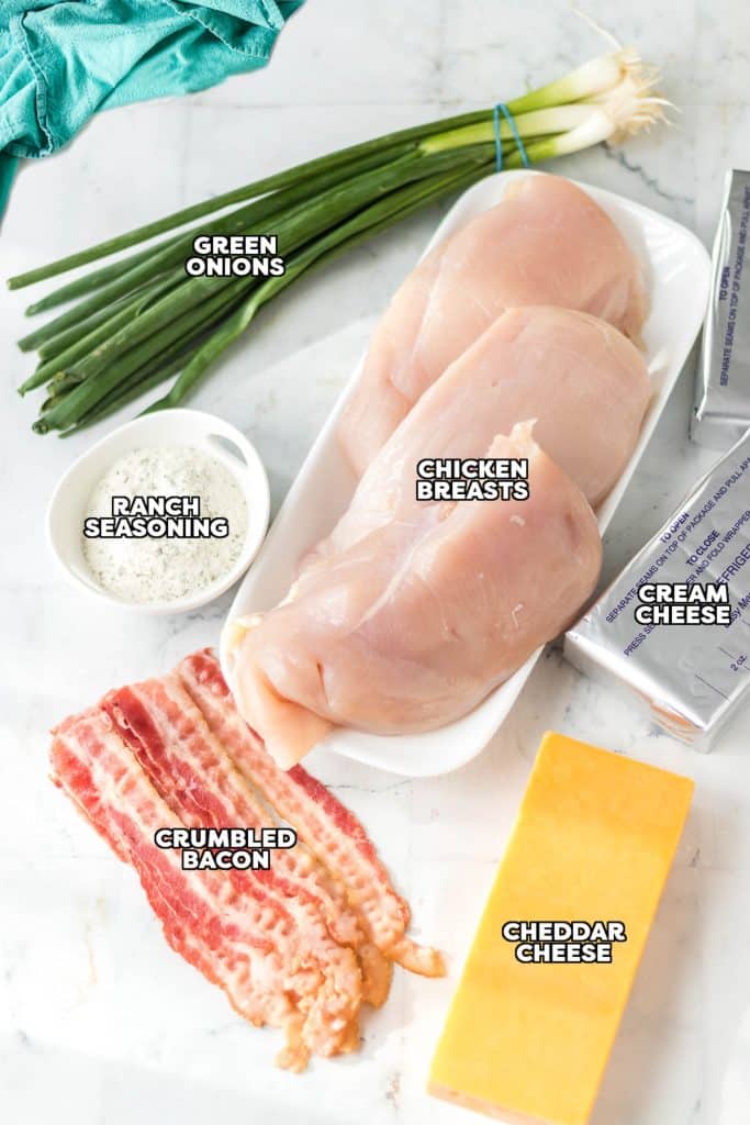 overhead shot of labeled ingredients laid out to make slow cooker crack chicken.