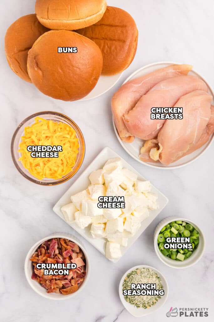 overhead shot of labeled ingredients laid out to make bacon ranch chicken.
