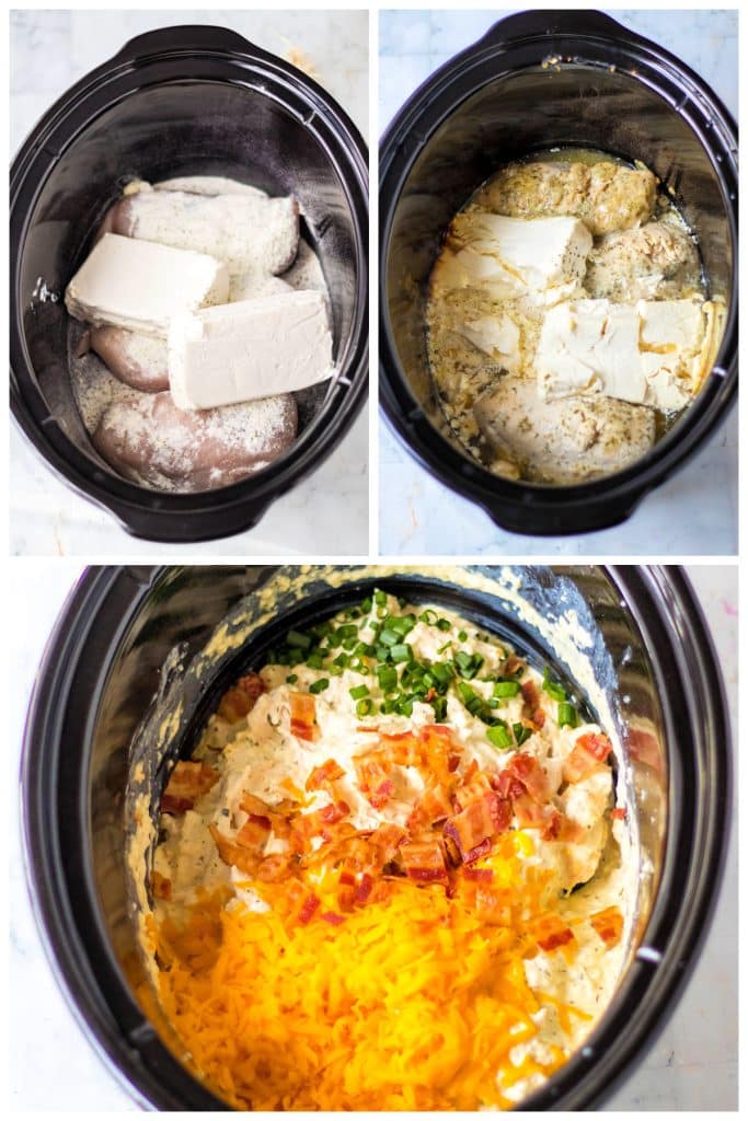 collage of 3 photos showing the process of making slow cooker crack chicken.