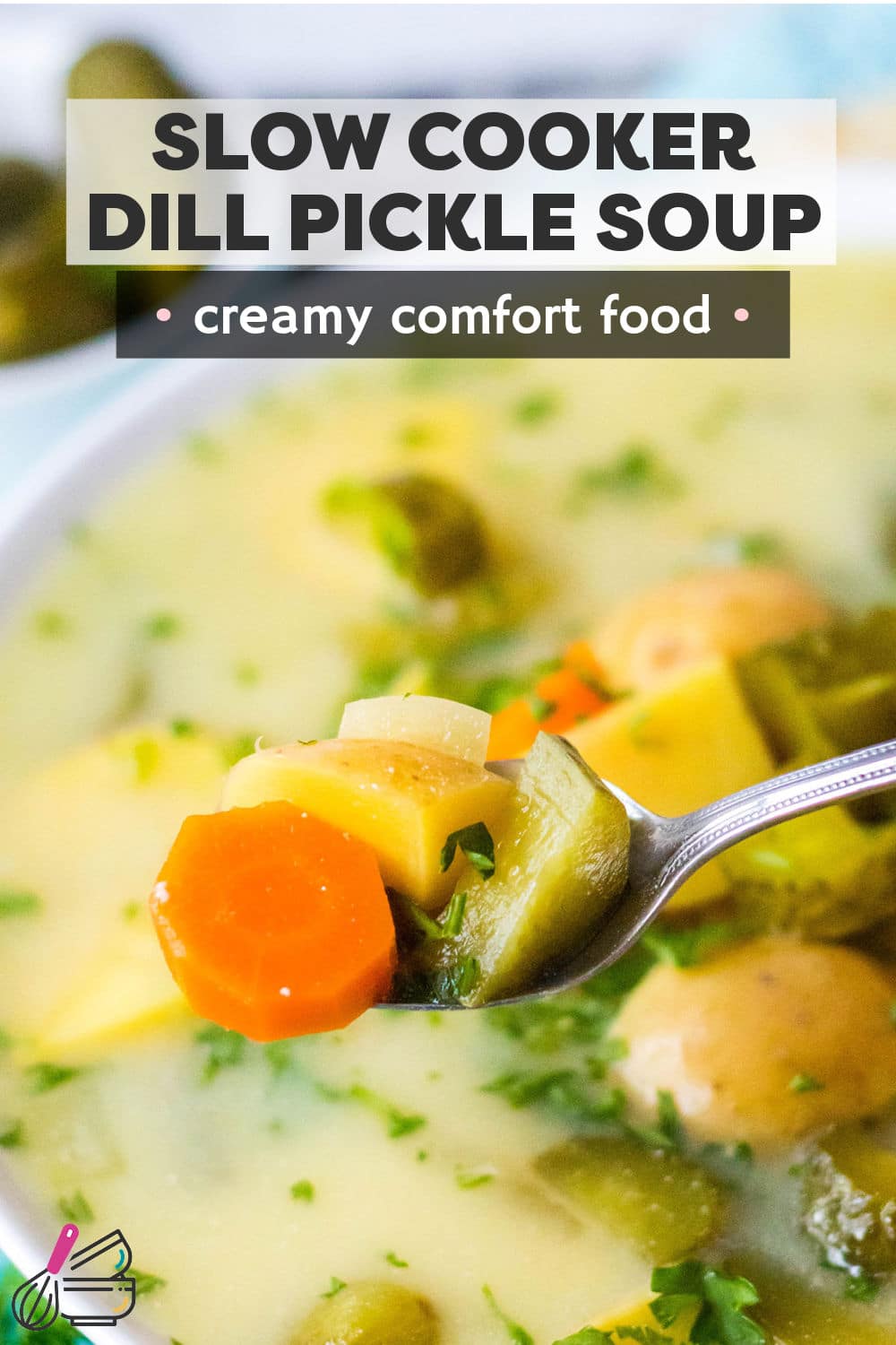 This zesty slow cooker dill pickle soup is made with chunks of potatoes, carrots, celery, and of course dill pickles! Cooked low and slow in the crockpot in a thick and creamy broth, this hearty comfort soup is definitely worthy of the hype! | www.persnicketyplates.com