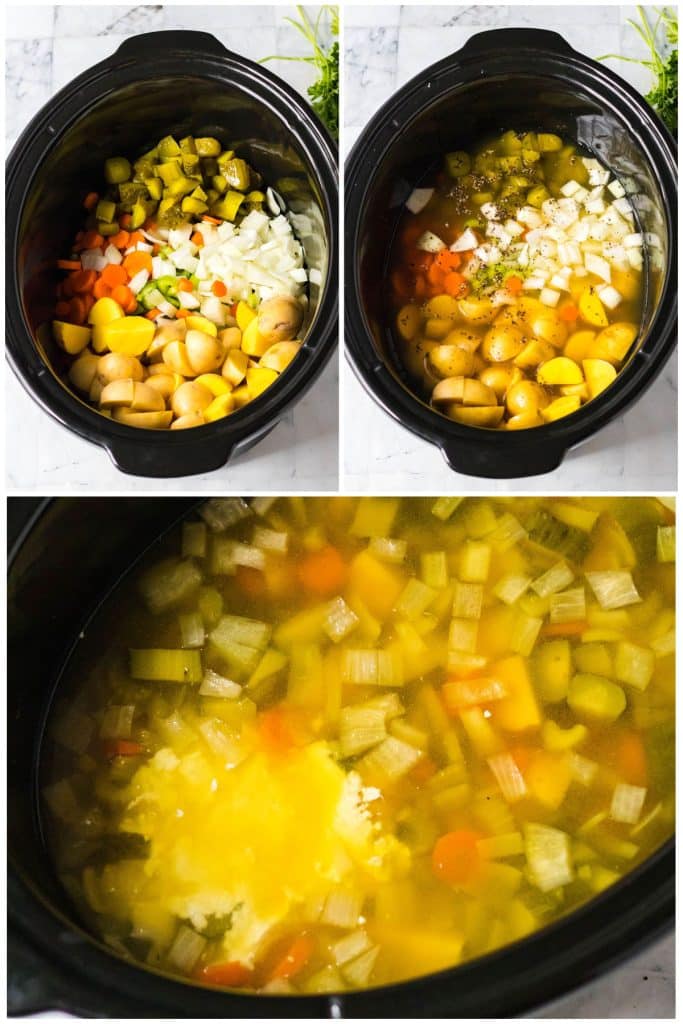 collage of 3 photos showing the process of making slow cooker dill pickle soup.