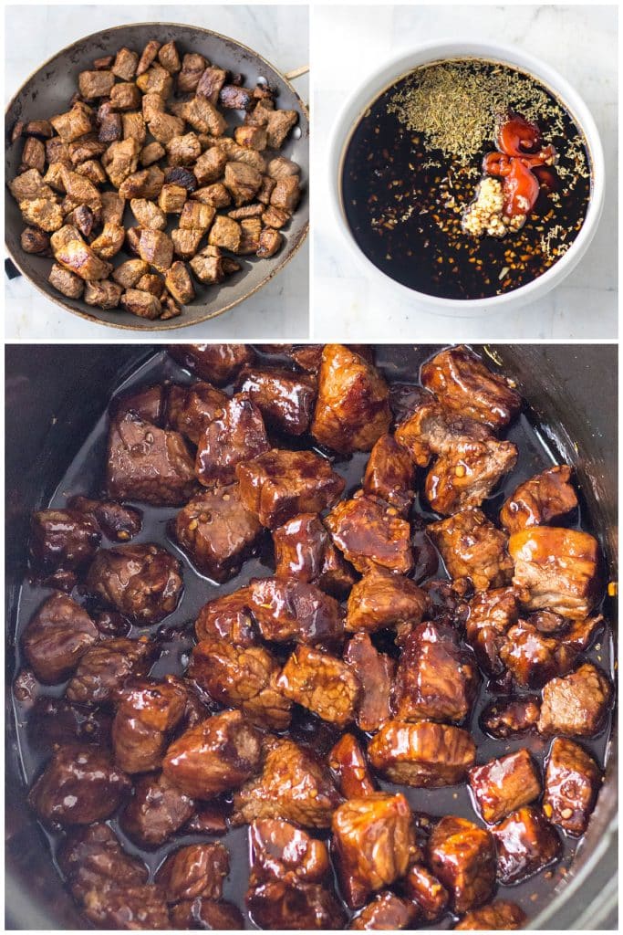 collage of 3 photos showing the process of making honey garlic steak bites in a crockpot.