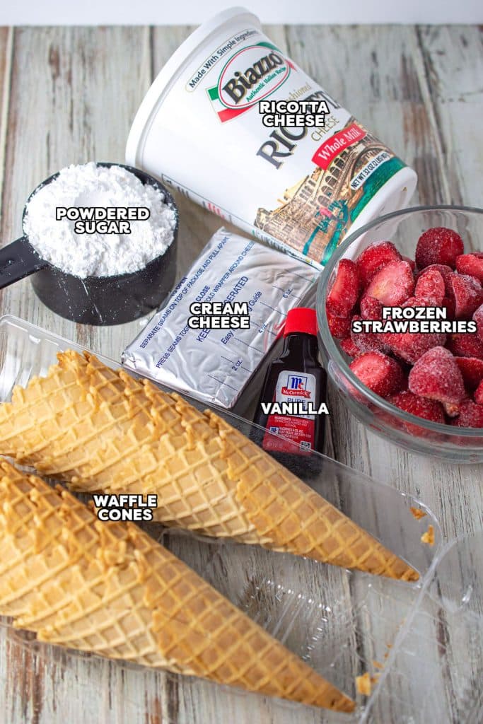 overhead shot of labeled ingredients laid out to make cannoli cones.