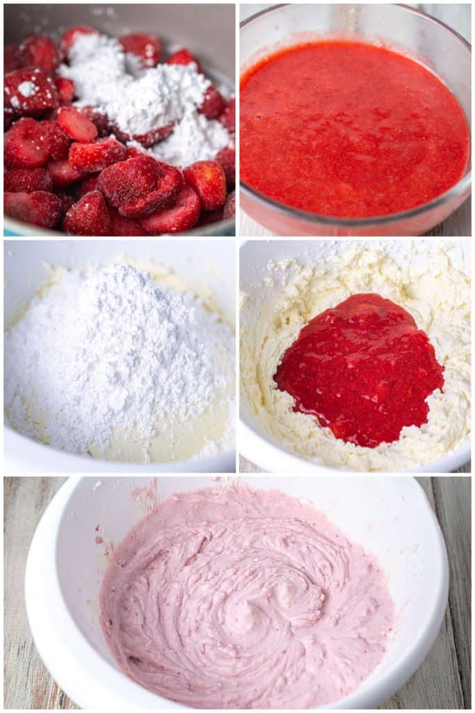 collage of 5 photos showing the process of making strawberry cannoli filling.