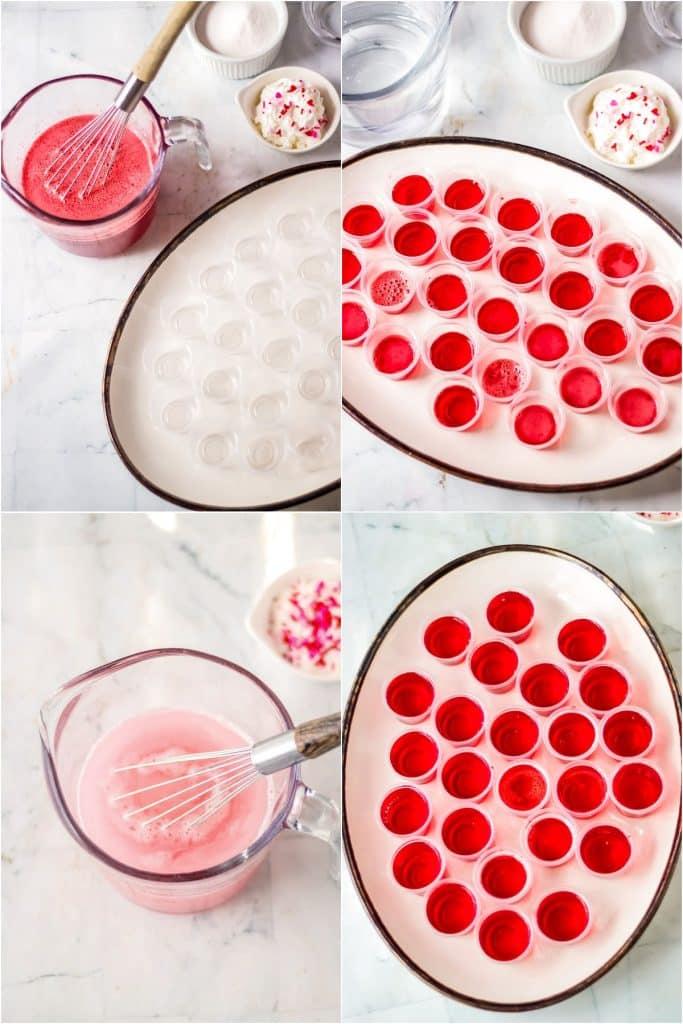collage of 4 photos showing the process of making red & pink jello shots.