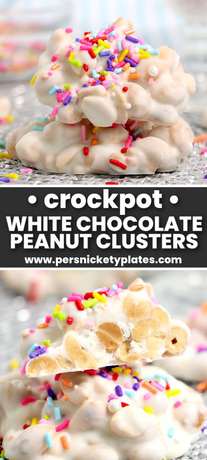 Three ingredient White Chocolate Crockpot Candy is one of the easiest desserts you can make! All you need are some peanuts, white candy melts, and colorful sprinkles for whichever occasion you're celebrating. | www.persnicketyplates.com