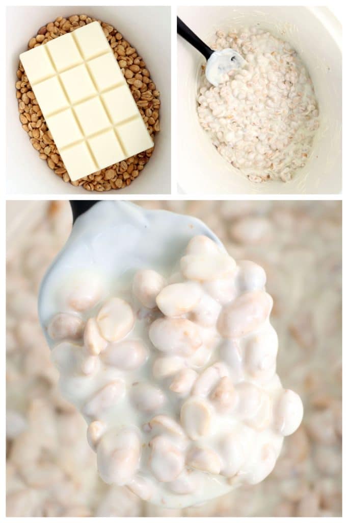 collage of 3 photos showing the process of making white chocolate crockpot candy.