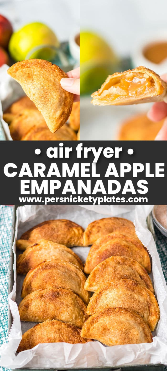 Air Fryer Caramel Apple Empanadas are a throwback Taco Bell copycat made even better! Store-bought crust with an apple pie filling and melted caramel candies comes together quickly, then air fried (or baked) until golden on the outside and thick and syrupy on the inside. Topped with cinnamon sugar, these easy 30-minute dessert empanadas are the best! | www.persnicketyplates.com