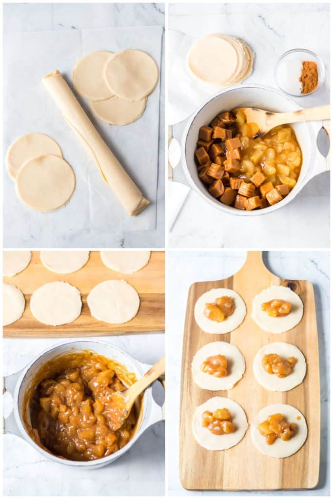 collage of 4 photos showing the process of making taco bell copycat caramel apple empanadas.