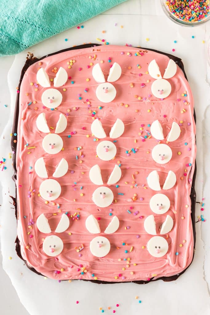 pink easter bunny bark with pastel sprinkles.