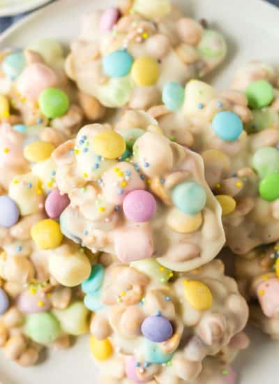 overhead shot of pastel slow cooker easter candy on a plate.