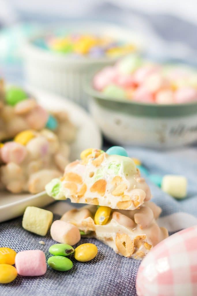 white chocolate easter candy cut in half to show the peanuts.