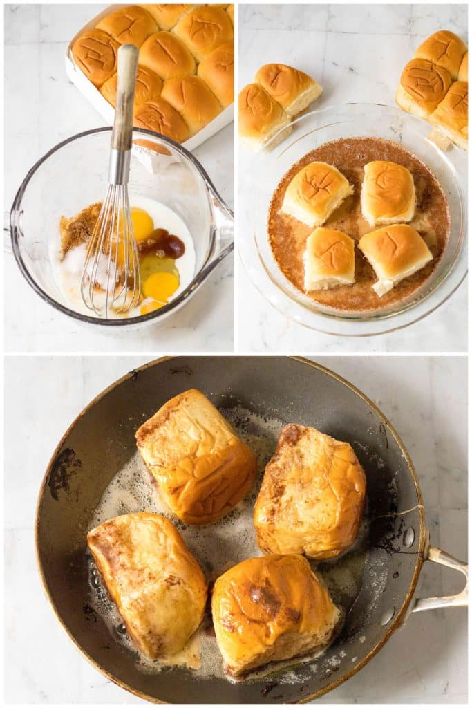 collage of 3 photos showing the process of making hawaiian roll french toast in a skillet.