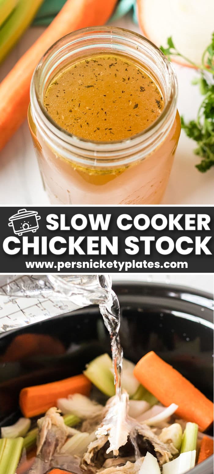 Learning to make slow cooker chicken stock is one of the best and easiest ways to make a nutrient-rich stock that can be used for soups, gravies, sauces, and more. This simple, budget-friendly, dump-and-set recipe delivers a rich broth that is so flavorful you'll find it hard to go back to using a store-bought can or carton! | www.persnicketyplates.com