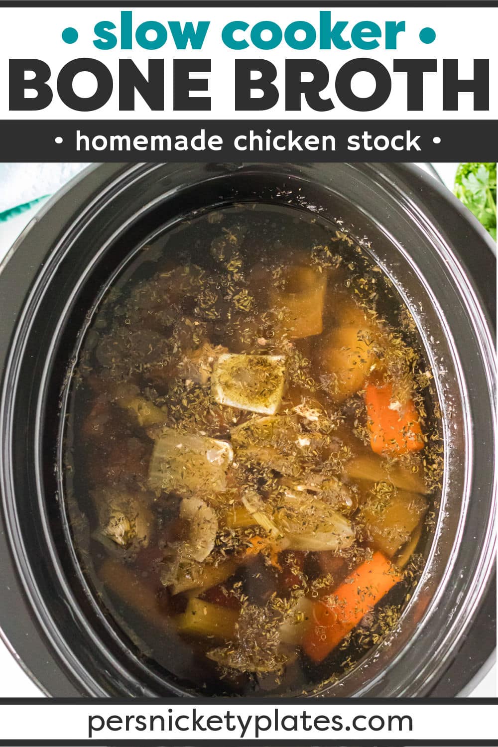 Learning to make slow cooker chicken stock is one of the best and easiest ways to make a nutrient-rich stock that can be used for soups, gravies, sauces, and more. This simple, budget-friendly, dump-and-set recipe delivers a rich broth that is so flavorful you'll find it hard to go back to using a store-bought can or carton! | www.persnicketyplates.com