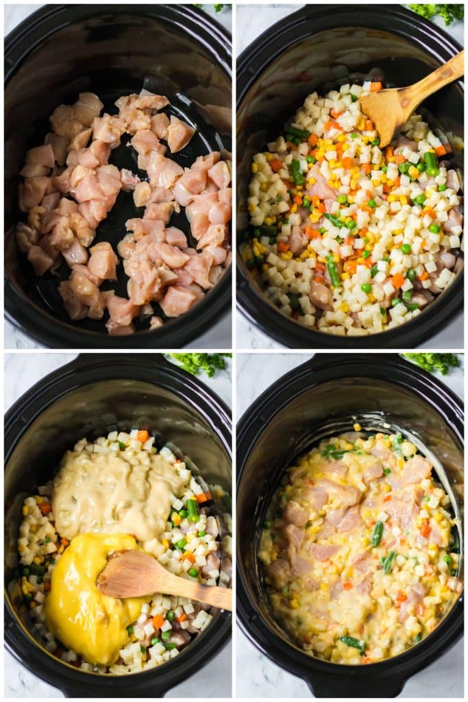 collage of 4 photos showing the process of making chicken cobbler in a crock pot.