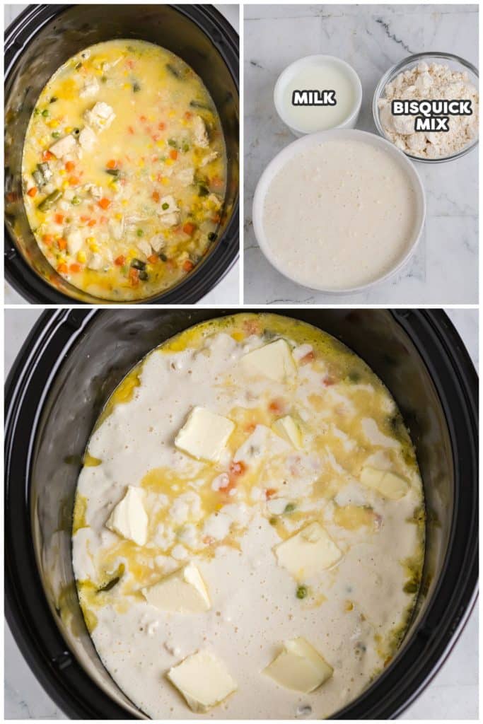 collage of 3 photos showing the process of adding a biscuit top to a slow cooker chicken stew.