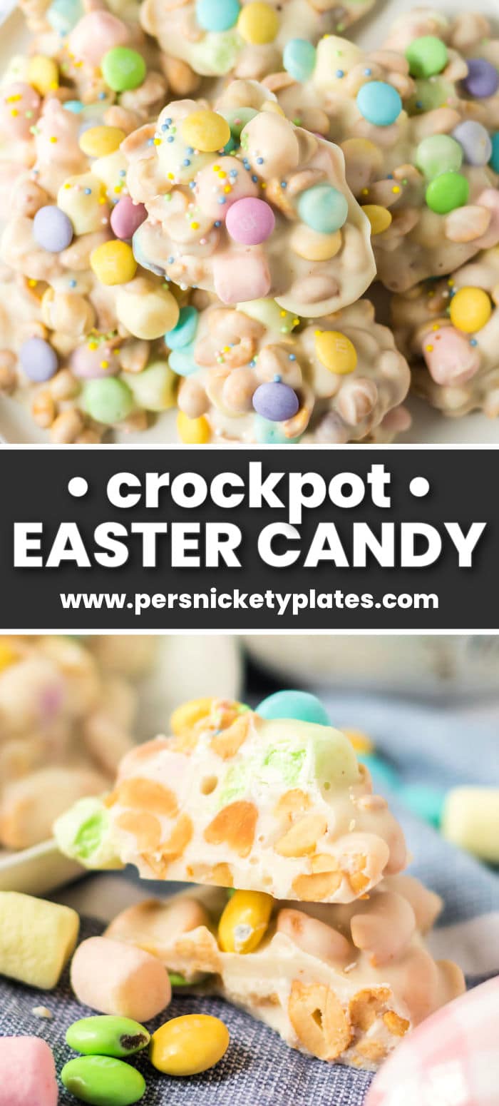 Easy Slow Cooker Easter Candy is classic white crockpot candy flecked with fruit-flavored mini marshmallows, pastel-colored M&Ms, and loaded with roasted peanuts. Topped with festive easter holiday sprinkles, these no-bake treats are always the first to disappear! | www.persnicketyplates.com