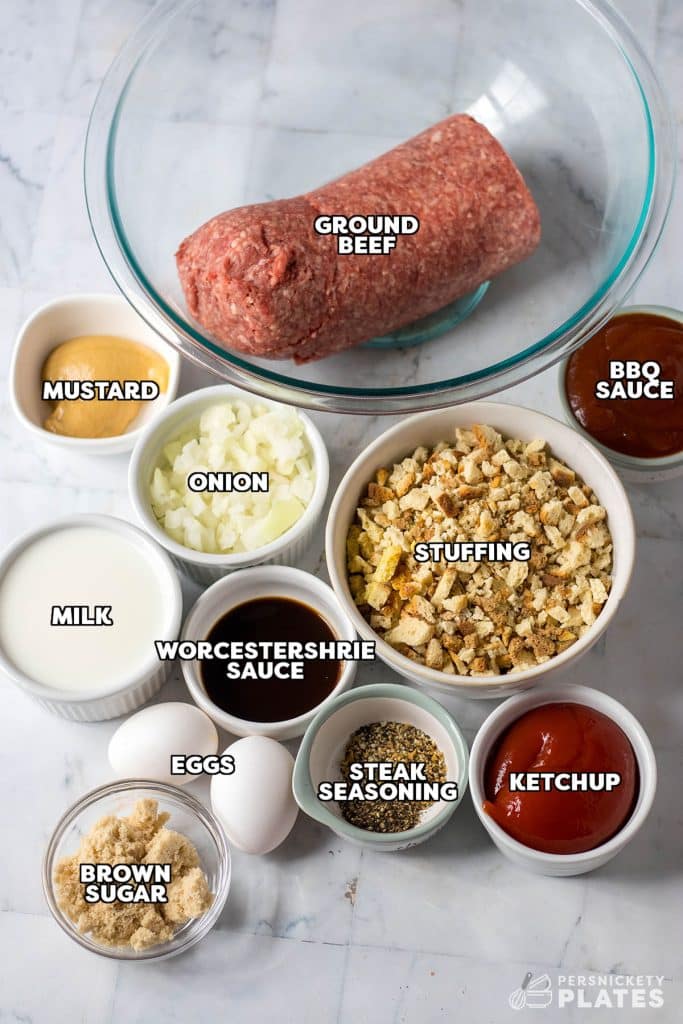 overhead shot of labeled ingredients laid out to make slow cooker meatloaf.