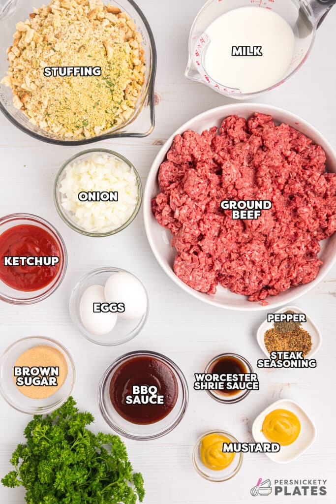 overhead shot of labeled ingredients laid out to make meatloaf.