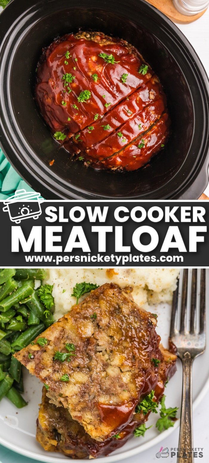 Slow-cooked deliciously seasoned meatloaf smothered in a sweet and tangy barbecue sauce, cooked until perfectly juicy and moist, with a caramelized outer crust, and then finished with even more glaze. This slow cooker meatloaf is an easy way to make a true comfort meal that'll be ready to serve with all your favorite sides any night of the week. | www.persnicketyplates.com