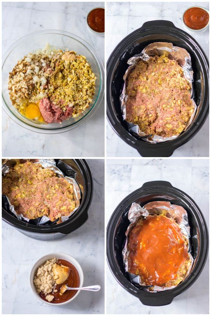 collage of 4 photos showing the process of making meatloaf in the slow cooker.