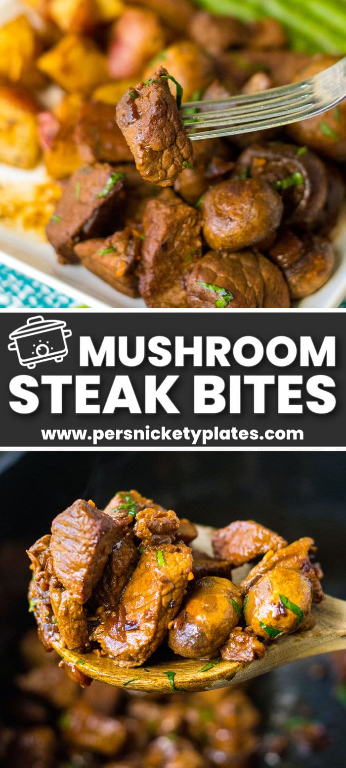 A few simple ingredients and just 10 minutes of prep time make these slow cooker mushroom steak bites a big hit! Slow cooked until fall-apart tender, the perfectly seasoned steak tips are soaked in a beef flavored au jus that can just as easily be thickened into a gravy. Serve with egg noodles or mashed potatoes for a comforting meal everyone will love coming home to. | www.persnicketyplates.com