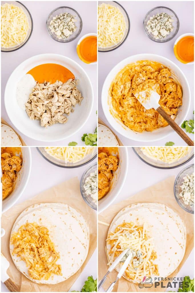collage of 4 photos showing the process of assembling a buffalo chicken quesadilla.