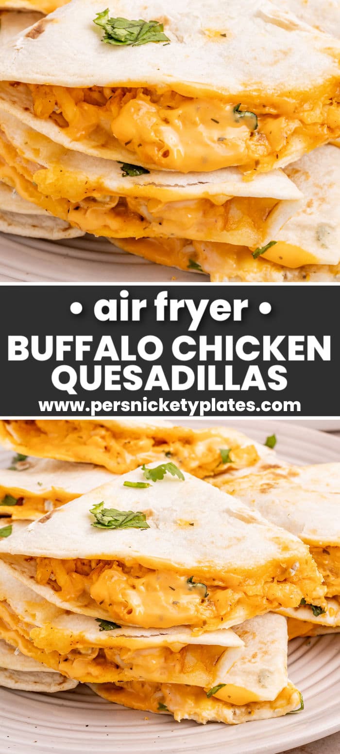 Air fryer Buffalo chicken quesadillas are made with shredded chicken smothered in tangy, spicy, buffalo sauce and cool creamy ranch dressing stuffed in a tortilla shell along with cheddar and blue cheese. They’re folded and air fried until crispy golden brown on the outside and melty, saucy, and delicious on the inside! | www.persnicketyplates.com