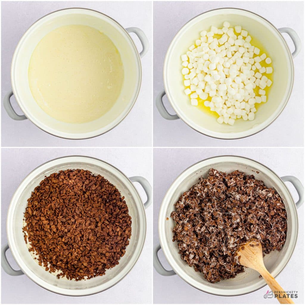 collage of 4 photos showing the process of melting marshmallows & cocoa pebbles in a pan.