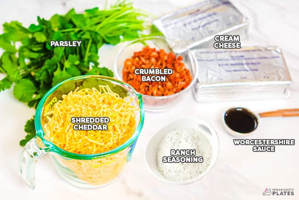 overhead shot of labeled ingredients laid out to make a cheese ball.