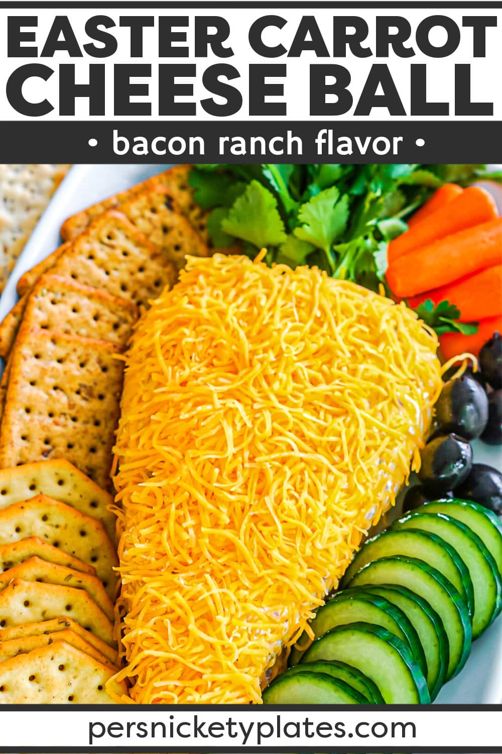 This playful Easter cheese ball is made with just 6 ingredients including cream cheese, cheddar, bacon, ranch seasoning mix, and Worcestershire sauce. Formed into the shape of a carrot, sprinkled with cheese, and finished off with fresh leafy greens for the carrot top, this adorable appetizer is colorful, fun, and delicious with crackers!