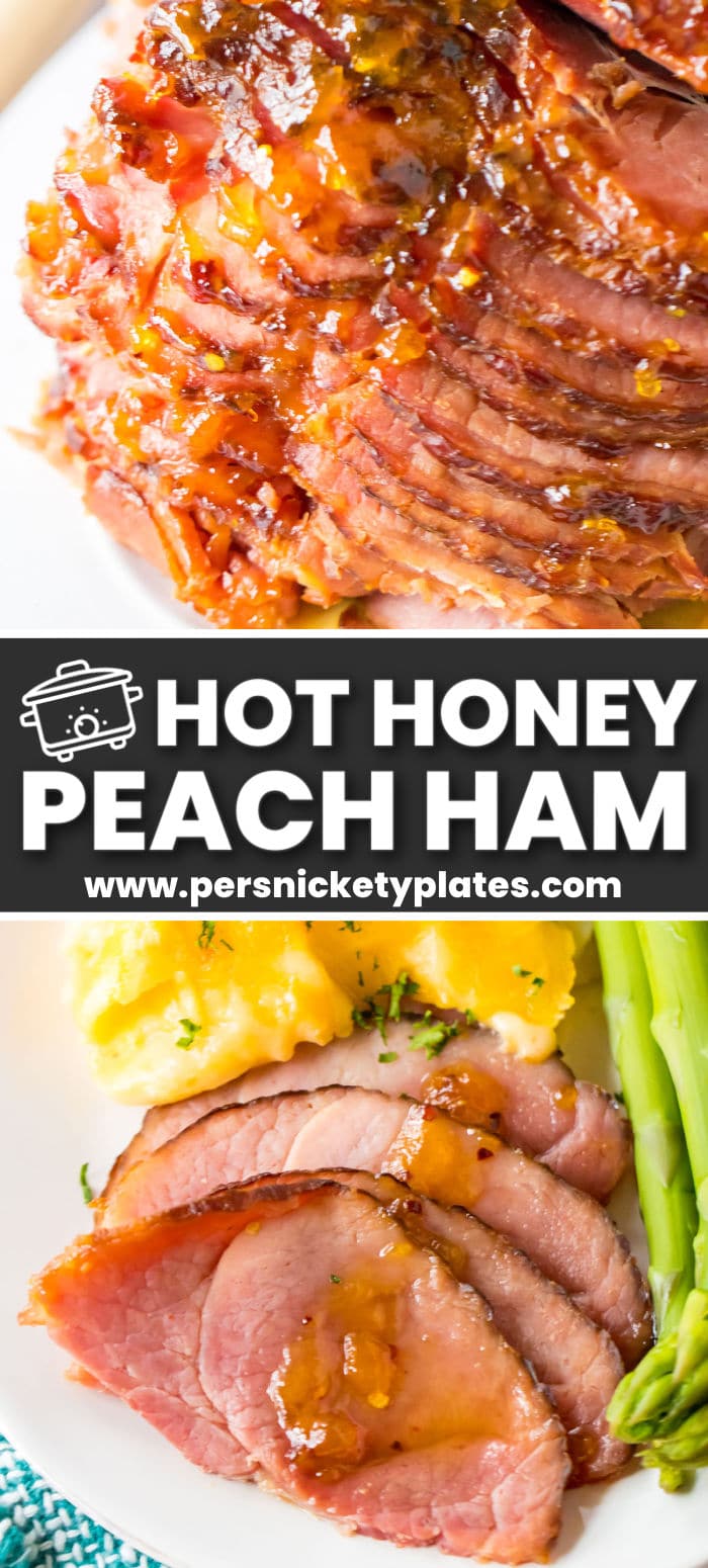 Hot honey peach slow cooker ham is made with a precooked, bone-in ham smothered in a sweet and spicy glaze, and slow-cooked until tender, juicy, and caramelized. It makes a great centerpiece for holiday gatherings and is easy enough for a casual dinner on the weekend. With minimal prep, the crockpot does most of the work! | www.persnicketyplates.com