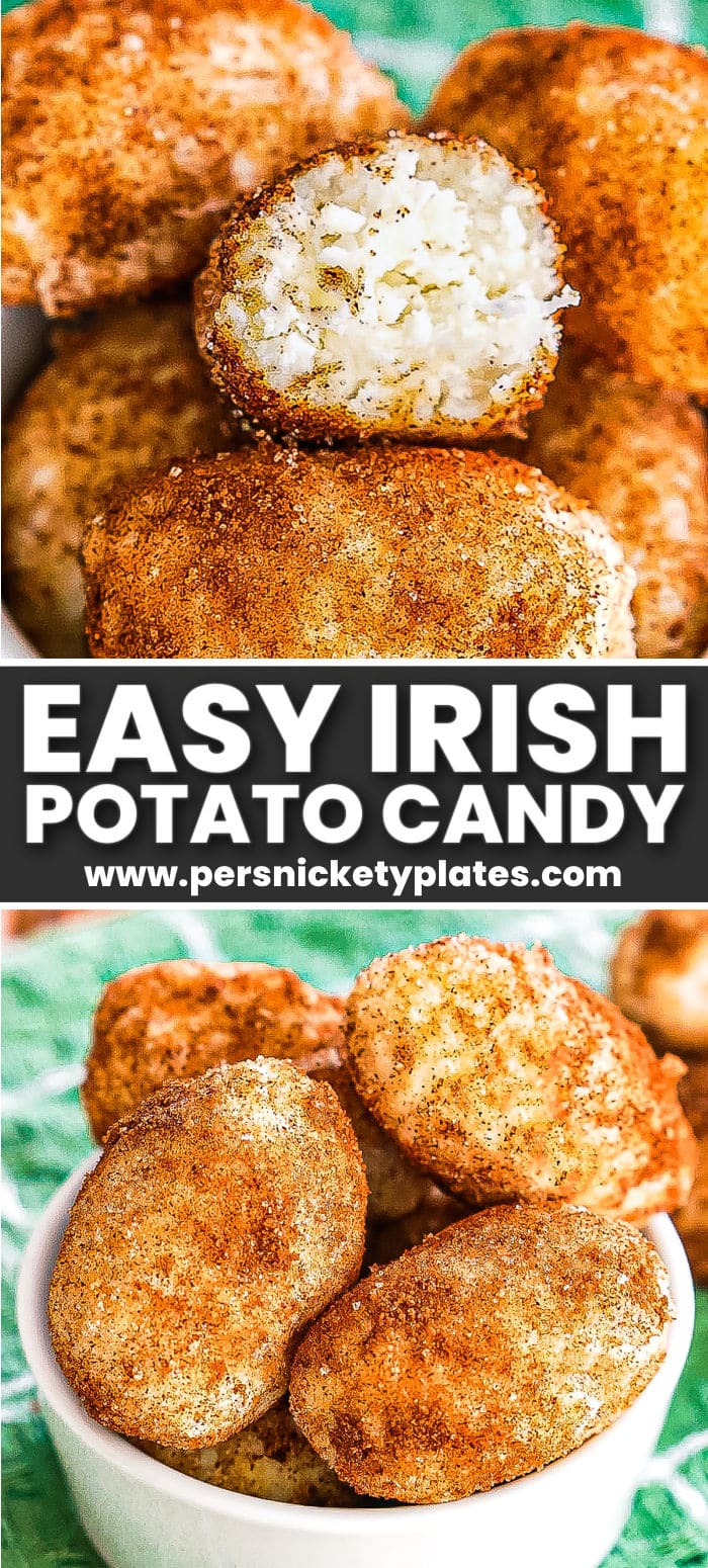 Irish potato candy is made with cream cheese, butter, powdered sugar, vanilla, and shredded coconut formed into little potato-shaped candies and then rolled around in brown sugar and cinnamon. With a truffle-like consistency and a sweet and tangy flavor, these popular St. Patrick's Day candies are always a hit! | www.persnicketyplates.com